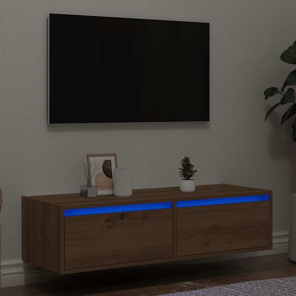 vidaXL k&eacute;zműves t&ouml;lgy sz&iacute;nű TV-szekr&eacute;ny LED-l&aacute;mp&aacute;kkal 100X35,5x25 cm