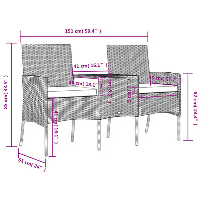 vidaXL kétszemélyes antracitszürke polyrattan kanapé teázóasztallal