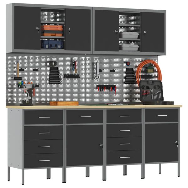 vidaXL Munkaszekr&eacute;ny fi&oacute;kkal z&aacute;rral 10 pcs Fekete Műszaki fa &eacute;s ac&eacute;l