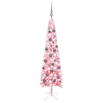 vidaXL rózsaszín megvilágított vékony műkarácsonyfa gömb szettel 120cm