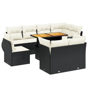 vidaXL 9 r&eacute;szes fekete polyrattan kerti &uuml;lőgarnit&uacute;ra p&aacute;rn&aacute;kkal