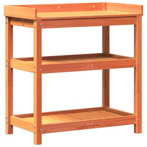 vidaXL barna t&ouml;m&ouml;r fenyőfa &uuml;ltetőasztal polccal 82,5 x 45 x 86,5 cm