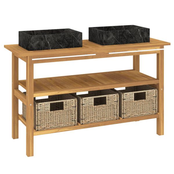 vidaXL tömör tíkfa fürdőszobaszekrény fekete márvány mosdókkal