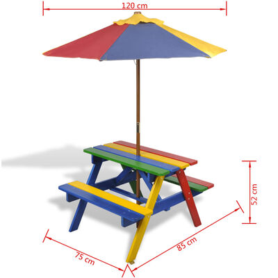 vidaXL színes fa gyerek piknikasztal paddal és napernyővel