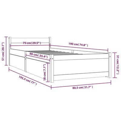 vidaXL fehér ágykeret fiókokkal 75 x 190 cm (2FT6 Small Single)