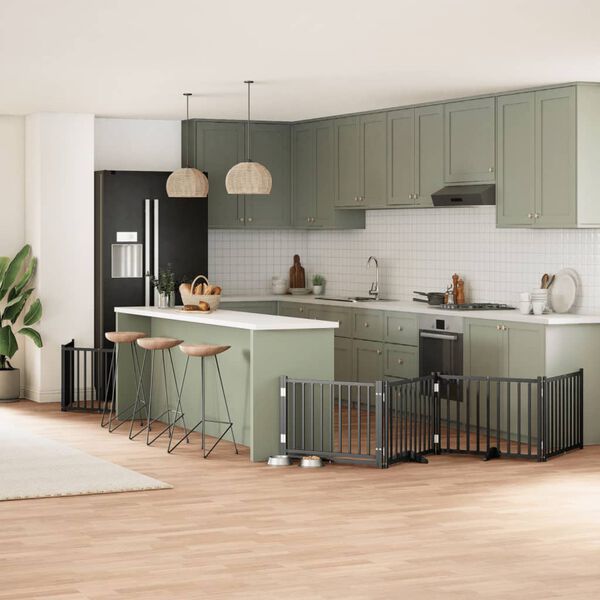 vidaXL fekete ny&aacute;rfa 10 paneles &ouml;sszecsukhat&oacute; kutyakapu ajt&oacute;val 800 cm