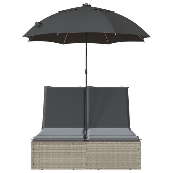 vidaXL szürke polyrattan dupla napozóágy párnákkal és napernyővel