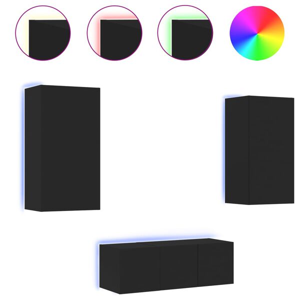 vidaXL 4 darab fekete szerelt fa fali TV-b&uacute;tor LED-del