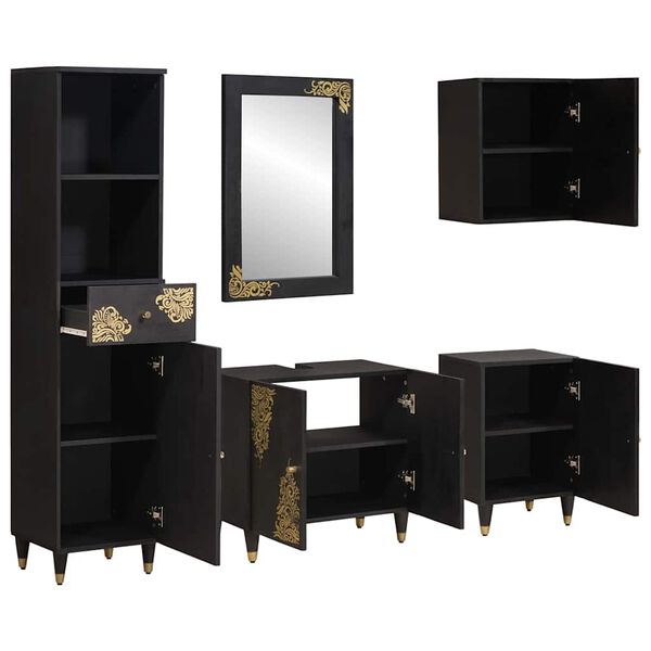 vidaXL F&uuml;rdőszobai Szekr&eacute;ny Szett fi&oacute;kkal 5 pcs Fekete T&ouml;m&ouml;r Mang&oacute;f&aacute;t