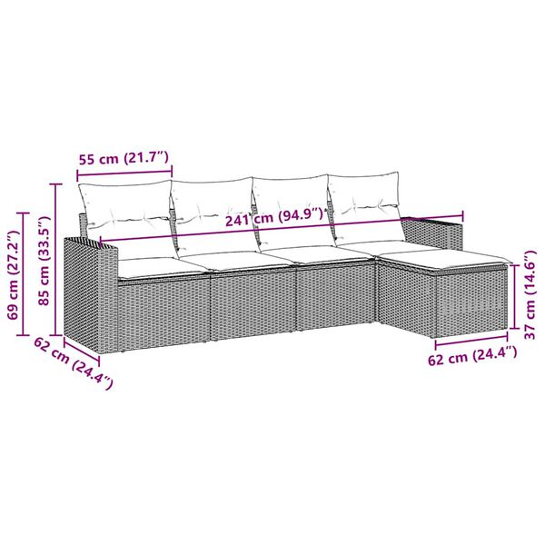 vidaXL 5 részes fekete polyrattan kerti kanapészett párnákkal