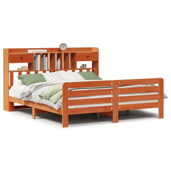 vidaXL barna t&ouml;m&ouml;r fenyőfa k&ouml;nyvespolcos &aacute;gy matrac n&eacute;lk&uuml;l 200 x 200cm