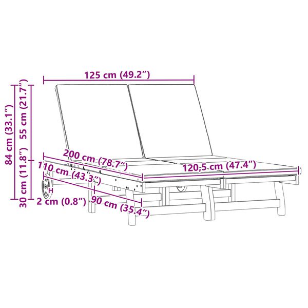 vidaXL Fekvőszék 2-személy Barna 125 x 200 x 84cm Tömör akácfa