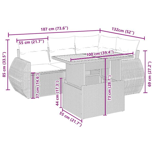 vidaXL 5 r&eacute;szes b&eacute;zs polyrattan kerti &uuml;lőgarnit&uacute;ra p&aacute;rn&aacute;kkal