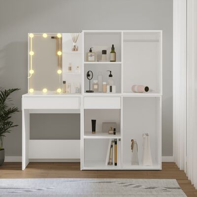vidaXL fehér szerelt fa fésülködőasztal LED-ekkel és 2 szekrénnyel
