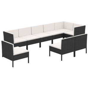 vidaXL 9 r&eacute;szes fekete polyrattan kerti b&uacute;torszett p&aacute;rn&aacute;kkal