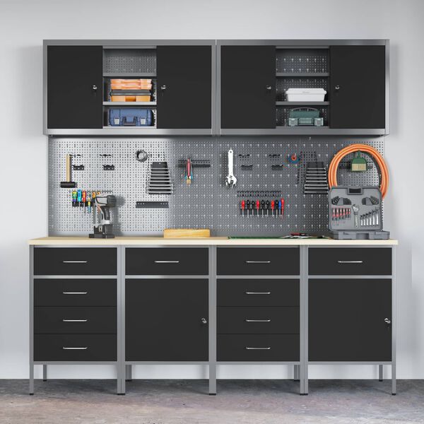 vidaXL Munkaszekr&eacute;ny fi&oacute;kkal z&aacute;rral 10 pcs Fekete Műszaki fa &eacute;s ac&eacute;l