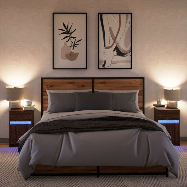 vidaXL 2 db barna tölgyszínű szerelt fa éjjeliszekrény LED-fényekkel