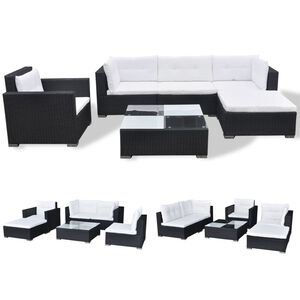 vidaXL 6-r&eacute;szes fekete polyrattan kerti b&uacute;torszett p&aacute;rn&aacute;kkal