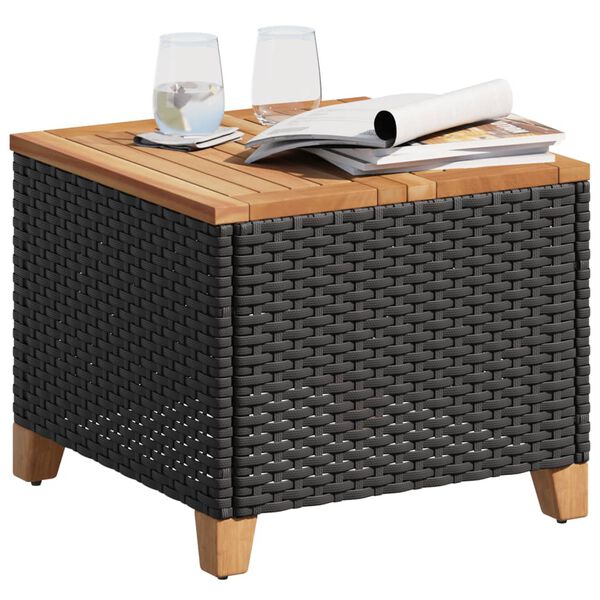 vidaXL fekete polyrattan és akácfa kerti asztal 45 x 45 x 37 cm