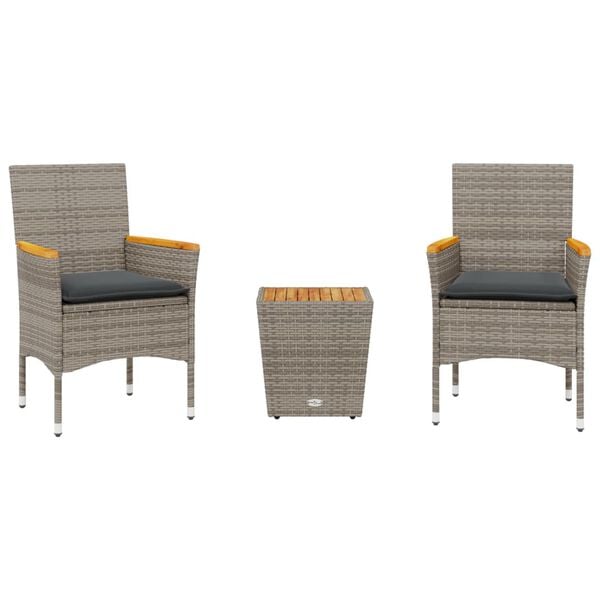 vidaXL 3 részes szürke polyrattan/üveg bisztrógarnitúra párnákkal