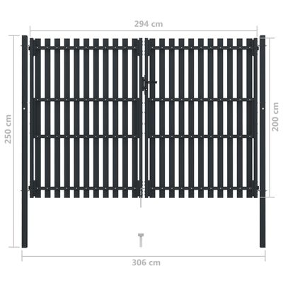 vidaXL antracitszürke kétajtós acél kerítéskapu 306 x 250 cm