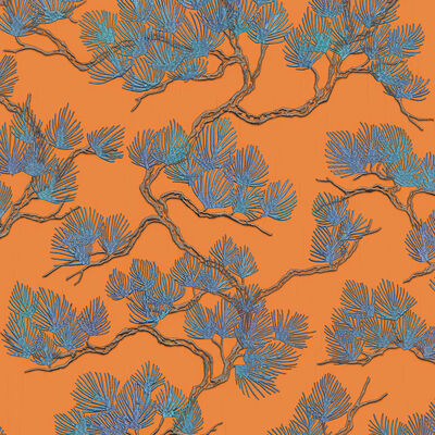 DUTCH WALLCOVERINGS kék és narancssárga fenyőmintás tapéta