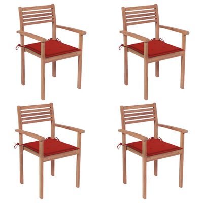vidaXL 4 db tömör tíkfa kerti szék piros párnákkal