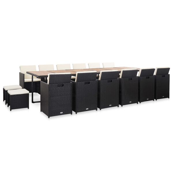 vidaXL 17 r&eacute;szes fekete polyrattan k&uuml;lt&eacute;ri &eacute;tkezőszett p&aacute;rn&aacute;kkal