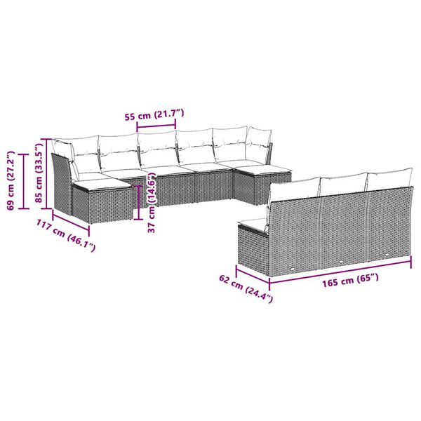 vidaXL 10 részes világosszürke polyrattan kerti ülőgarnitúra párnákkal