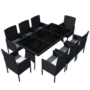 vidaXL 9-r&eacute;szes fekete polyrattan k&uuml;lt&eacute;ri &eacute;tkezőszett p&aacute;rn&aacute;kkal