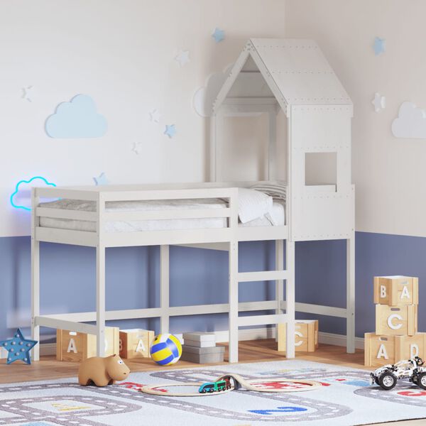 vidaXL feh&eacute;r t&ouml;m&ouml;r fenyőfa gal&eacute;ria&aacute;gy l&eacute;tr&aacute;val &eacute;s tetővel 90 x 190 cm