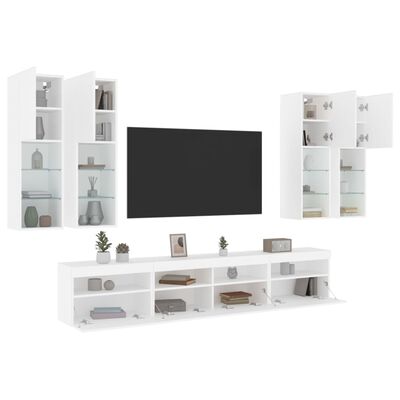 vidaXL 7 darabos fehér falra szerelhető TV-szekrényszett LED-ekkel