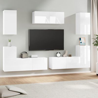 vidaXL 7 részes magasfényű fehér szerelt fa TV-szekrényszett