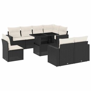 vidaXL 9 r&eacute;szes fekete polyrattan kerti &uuml;lőgarnit&uacute;ra p&aacute;rn&aacute;kkal