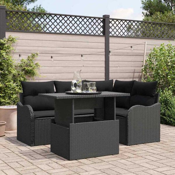vidaXL Kerti Kanapé Szett párnával párnával 5 pcs Fekete Poly Rattan