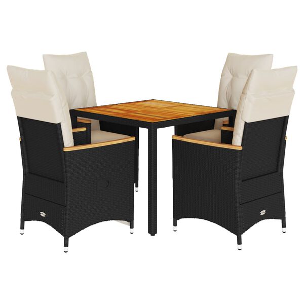 vidaXL 5 r&eacute;szes fekete polyrattan kerti &eacute;tkezőgarnit&uacute;ra p&aacute;rn&aacute;kkal