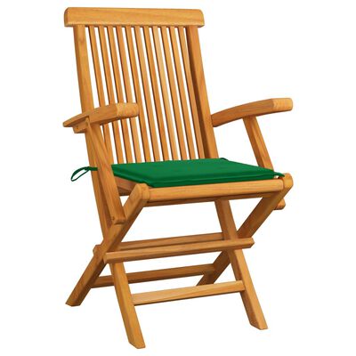 vidaXL 3 db tömör tíkfa kerti szék zöld párnával