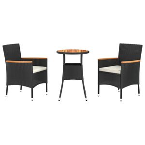 vidaXL 3 r&eacute;szes fekete polyrattan kerti bisztr&oacute;garnit&uacute;ra p&aacute;rn&aacute;kkal