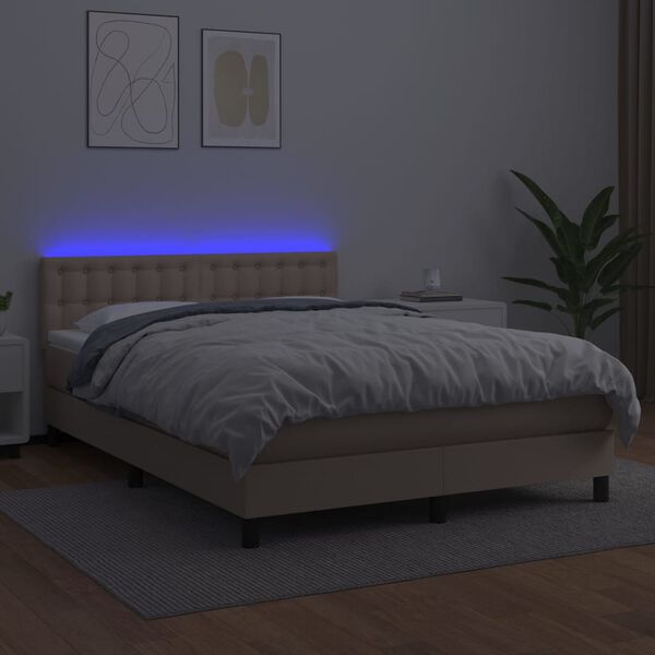 vidaXL cappuccino sz&iacute;nű műbőr rug&oacute;s &aacute;gy matraccal &eacute;s LED-del 140x200cm