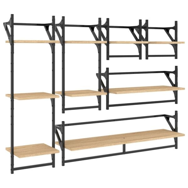 vidaXL 6 részes sonoma tölgy színű szerelt fa fali polc szett rúddal