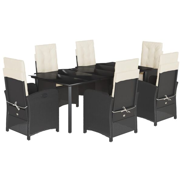 vidaXL 7 r&eacute;szes fekete polyrattan kerti &eacute;tkezőgarnit&uacute;ra p&aacute;rn&aacute;val