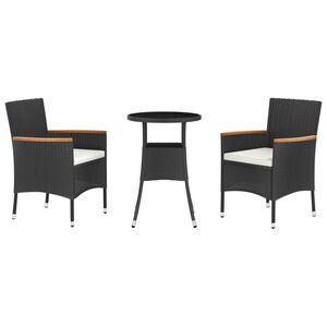 vidaXL 3 r&eacute;szes fekete polyrattan kerti bisztr&oacute;garnit&uacute;ra p&aacute;rn&aacute;kkal