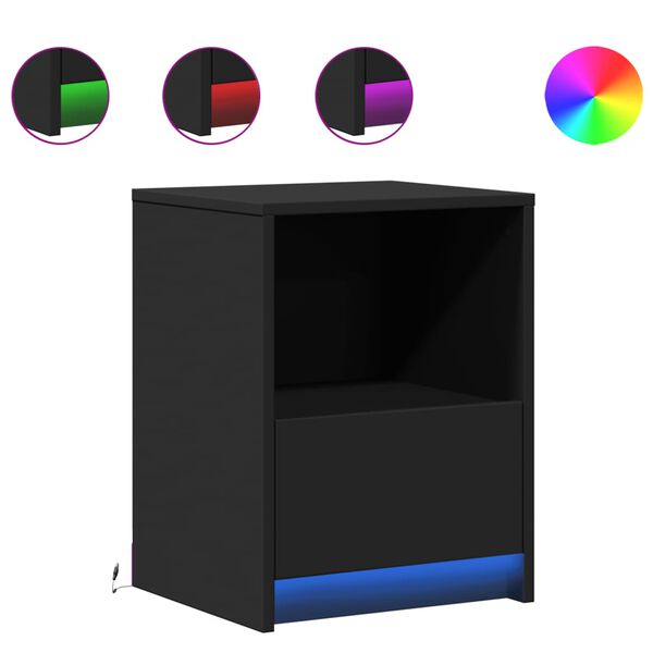 vidaXL 2 db fekete szerelt fa éjjeliszekrény LED-fényekkel