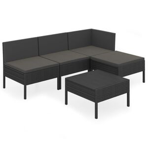 vidaXL 5 r&eacute;szes fekete polyrattan kerti &uuml;lőgarnit&uacute;ra p&aacute;rn&aacute;kkal