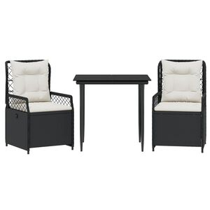 vidaXL 3 r&eacute;szes fekete polyrattan kerti &eacute;tkezőgarnit&uacute;ra p&aacute;rn&aacute;kkal