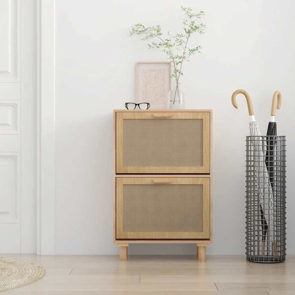 vidaXL barna szerelt fa és természetes rattan cipőszekrény 52x25x80 cm