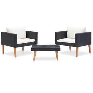 vidaXL 3 r&eacute;szes fekete polyrattan kerti &uuml;lőgarnit&uacute;ra p&aacute;rn&aacute;kkal