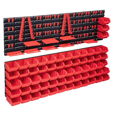 vidaXL 141 darabos piros és fekete tárolódoboz szett fali panelekkel