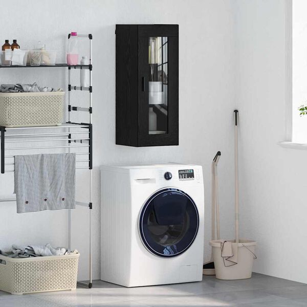 vidaXL Fali szekr&eacute;ny Fekete t&ouml;lgy 34,5 x 34 x 90 cm Műanyag Fa &eacute;s &Uuml;veg