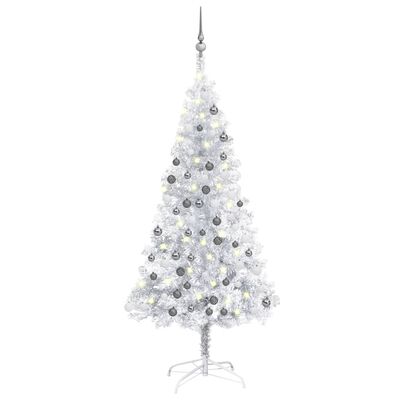 vidaXL ezüstszínű PET megvilágított műkarácsonyfa gömb szettel 150 cm